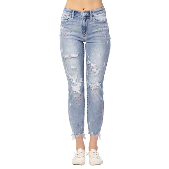 Judy Blue Jeans Women 13W Boyfriend High Waist Distressed Paint Splatter Crop - Picture 1 of 10